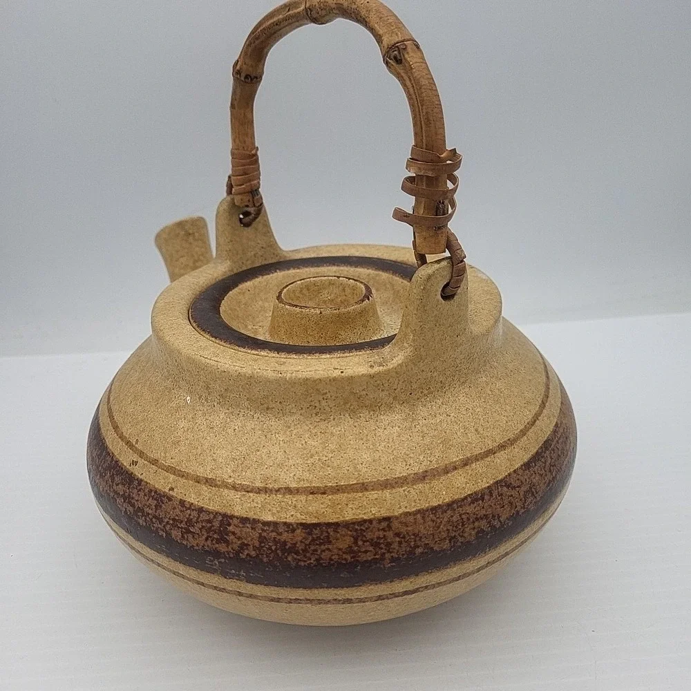 Vintage Pottery craft  Brown Cream Bamboo Handle Tea/ Coffee‎ pot